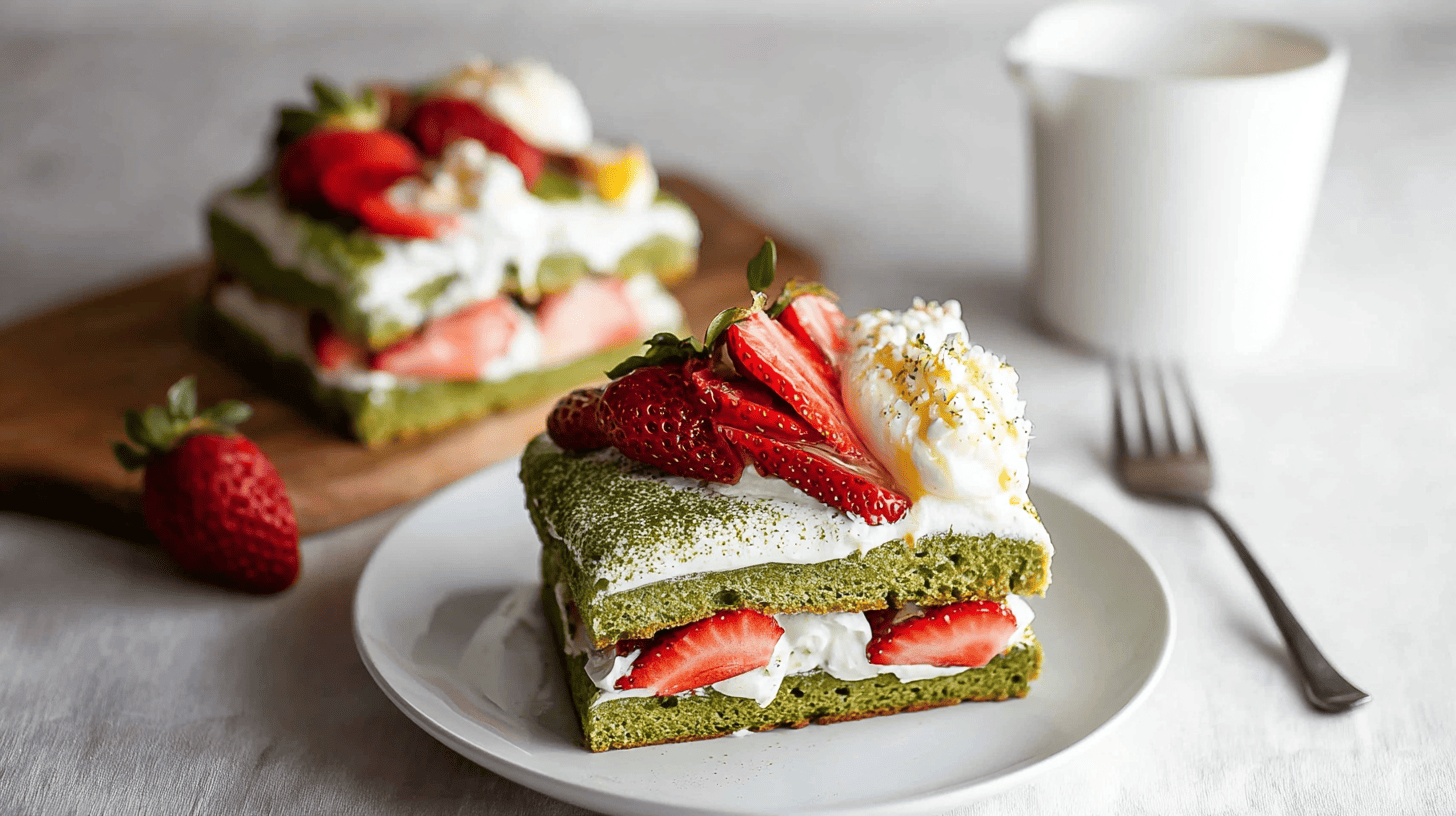 Decorating Strawberry Matcha Cake with Whipped Cream Piping whipped cream on top of strawberry matcha cake with fresh strawberries