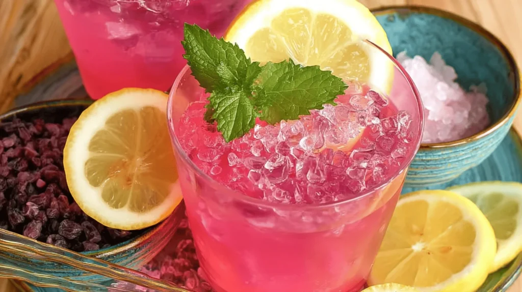 Fresh ingredients for pink lemonade including lemons, cranberry juice, and honey