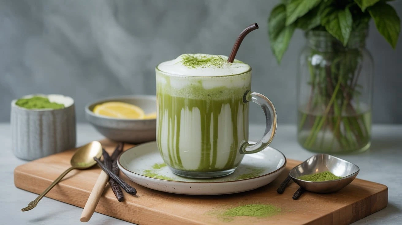 Creamy vanilla matcha green tea latte in a clear glass, layered with vibrant green matcha and frothy milk, garnished with cinnamon.