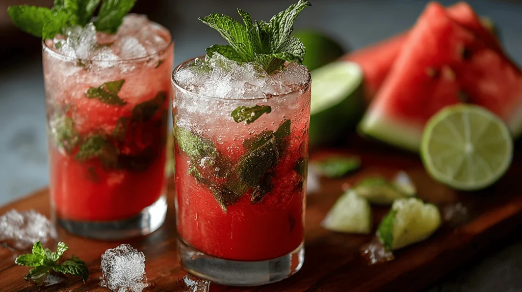 Fresh ingredients for watermelon mojito including mint leaves, lime wedges, watermelon chunks, rum, and soda water arranged on a table