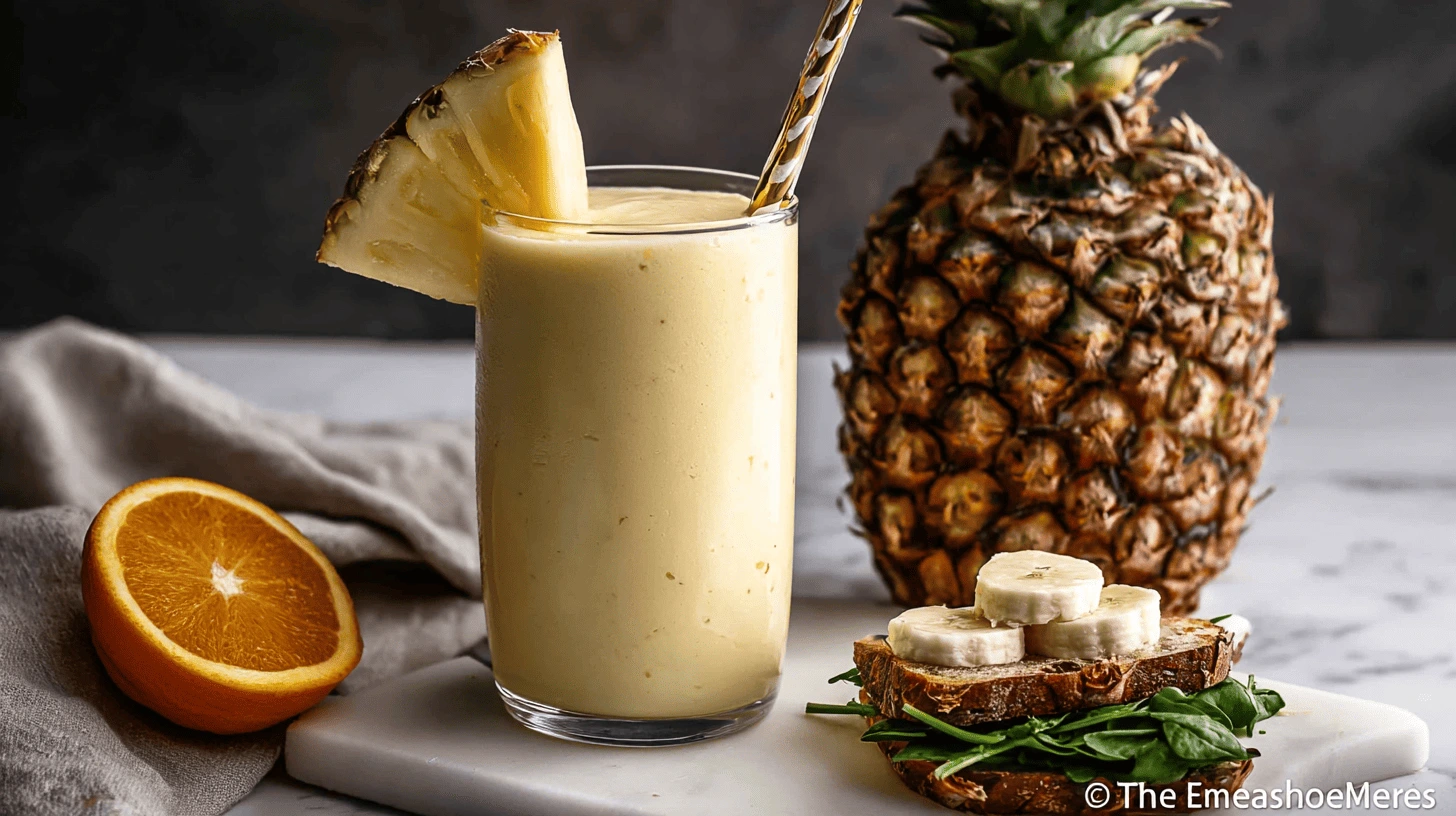 Tall glass of pineapple smoothie topped with fresh pineapple slices and a straw, served on a wooden table. Caption: