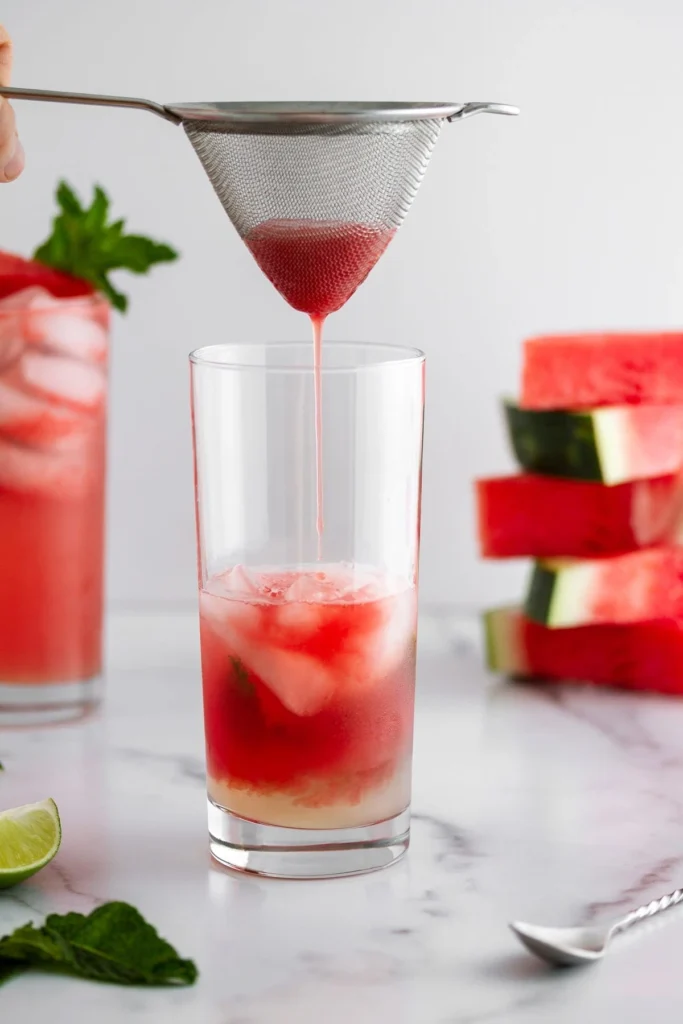 Fresh watermelon chunks being blended into juice for a watermelon mojito recipe